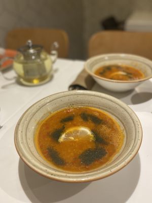 Lentil soup and tea at Israel Grill in Krasnodar