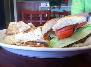 egg plant tofu burger with side of hummus at Natalie's Mediterranean Eatery in Amherst