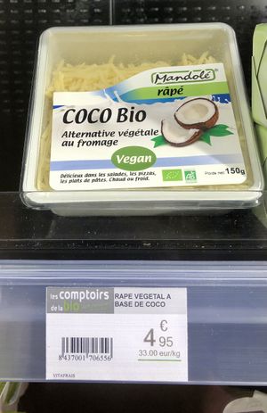 One of the two vegan cheeses  at Les Comptoirs de la Bio in Quiberon