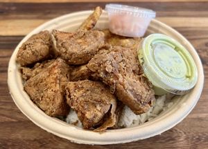 Vegan Griot (Fried Jackfruit) Plate  at Lakou Cafe in Brooklyn