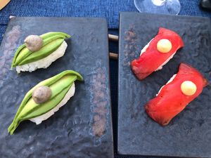 Avocado and watermelon nigiri at Nido  in San Jose Del Cabo