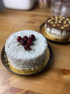 Vegan Rafaello cake with mango and banana filling at Mamin Vegan Cake in Krasnodar