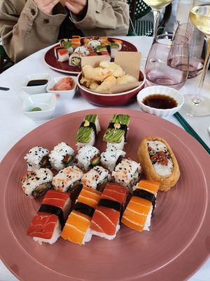 Vegan sushi and tempura prawns, delicious! at 123V Browns in London