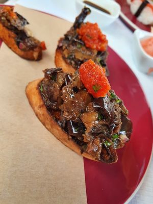 Roasted aubergine toast at 123V Browns in London