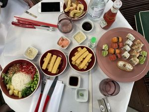 Sushi, bowl with watermelon sashimi, chick pea chips  at 123V Browns in London