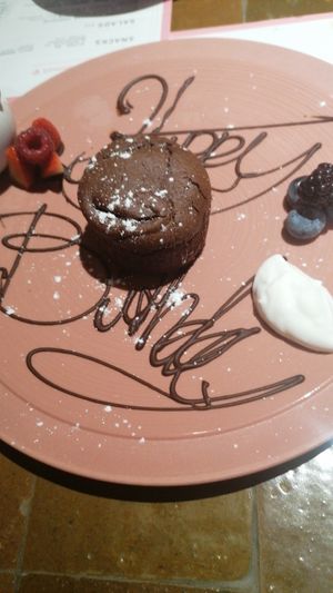 Chocolate birthday desert at 123V Browns in London