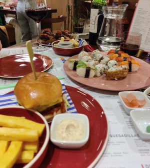 Burger and sushis at 123V Browns in London