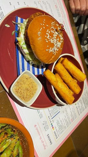 JUBILEECORONATIONCHICK’NBURGER and chickpea fries  at 123V Browns in London