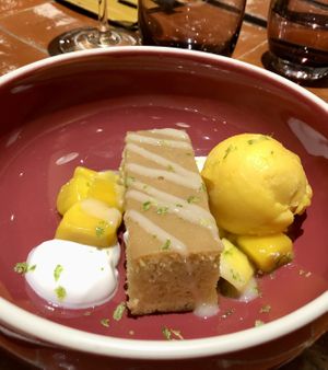 Tres leches with mango sorbet  at 123V Browns in London