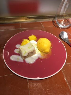 Tres leches with mango sorbet - delicious   at 123V Browns in London