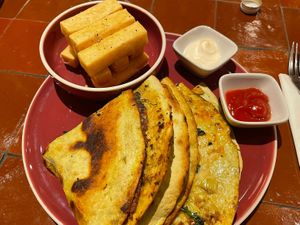 Quesadilla with chickpea fries  at 123V Browns in London