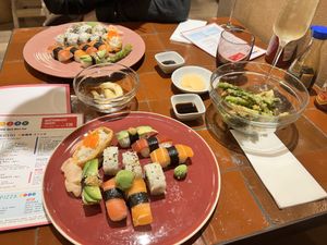 Grand sushi set (half eaten tempura bowl)  at 123V Browns in London