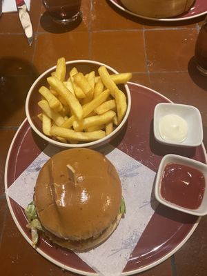 Burger and chips   at 123V Browns in London