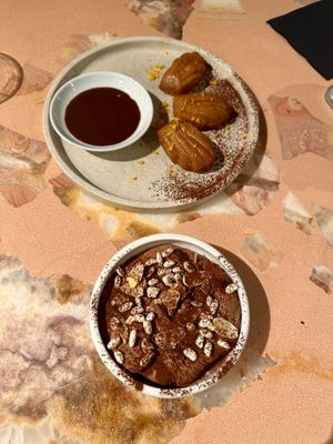 Chocolate mousse and madeleines  at 123V Browns in London