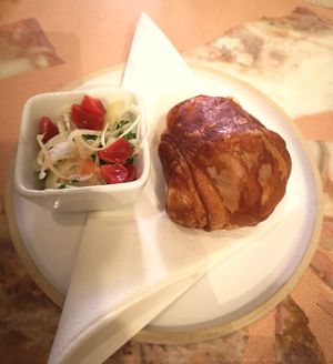 Bread served with Artichoke Puree, Roasted Radish and Zesty Fennel Salad (tasting menu) at 123V Browns in London