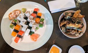 Sushi plate and veggie tempura at 123V Browns in London