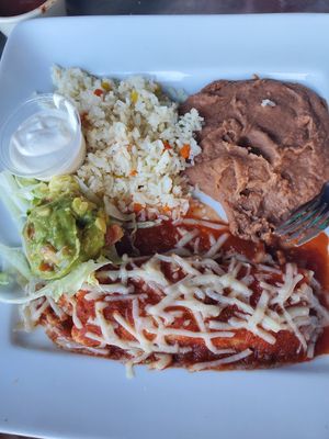 Vegan Tex Mex platter with enchilada at Chilaquiles Factory in Cedar Park