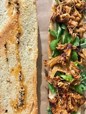 From San Juan bakery, Yaca, Jackfruit seasoned with the our 7 Chiles recado. Mix greens and our Salsa Macha at La Yaqueria in Valladolid