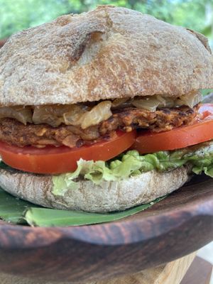 Our signature. JACKFRUIT BURGER! Yes we are OPEN  at La Yaqueria in Valladolid