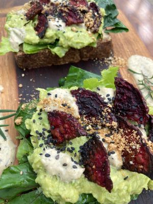 Rye toast & roasted beet rooth. at La Yaqueria in Valladolid
