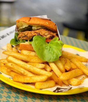 Vegan S.F.M. (Southern Fried Mushroom) Burger & chips at Rascal in Newcastle
