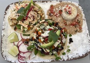 Two tacos - black bean/sweet potato & wood fired tofu - with white beans and rice   at C Casa in Napa