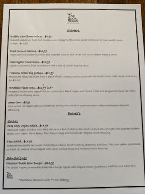 Menu at The Social Vegan in Lexington