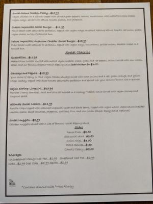 Menu at The Social Vegan in Lexington
