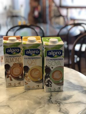 Range of alternative milks for coffee, hot chocolate and milkshakes at Rumsey's Chocolaterie in Wendover