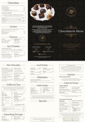 Full Menu - Options with Yellow V are Vegan   at Rumsey's Chocolaterie in Wendover