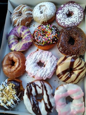 12 different varieties of vegan donuts at Duck Donuts in Chattanooga
