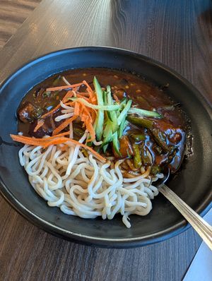 Noodle dish with eggplant and green beans at Chloe's Kitchen in Santa Cruz