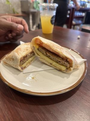 Fuego Breakfast Sandwich on a wrap  at Apothica Cafe in Cumberland