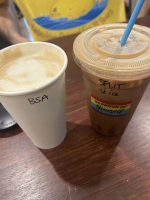 Brown sugar almond latte & iced banana split latte at Apothica Cafe in Cumberland