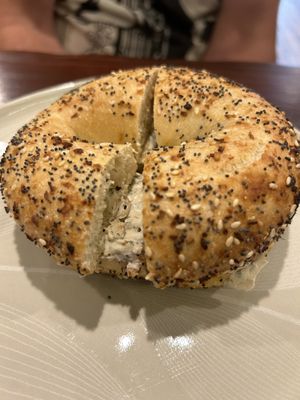 Toasted everything bagel with garlic herb cream cheese at Apothica Cafe in Cumberland