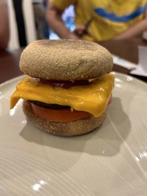 Fuego breakfast sandwich on an english muffin at Apothica Cafe in Cumberland