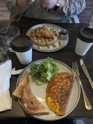 OG omelet • chicken & waffles   at Apothica Cafe in Cumberland