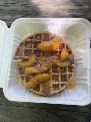 Peaches and cream waffle   at Apothica Cafe in Cumberland