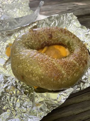 Fuego on spinach bagel   at Apothica Cafe in Cumberland