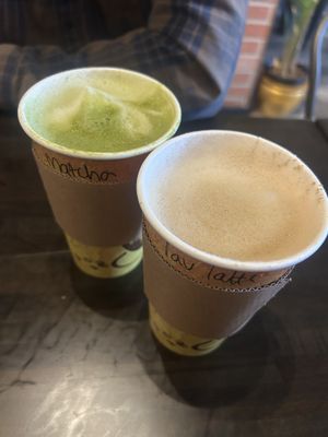 Matcha latte and lavender vanilla latte at Apothica Cafe in Cumberland