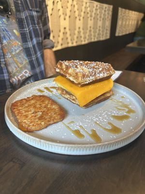 Waffle'nator with hash brown at Apothica Cafe in Cumberland