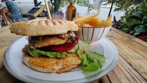 Mushroom and potato scallop burger at Babinda Kool Spot Cafe in Babinda