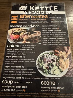 Vegan menu  at The Whistling Kettle in Ballston Spa