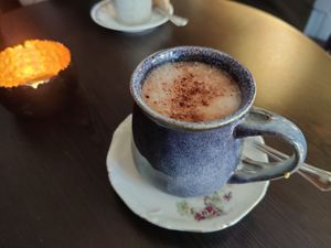 Hot chocolate with oat milk (Chocolate con leche vegetal) at La Bohême in Cordoba