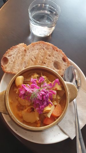 Vegan stew with vegetables and mushrooms + homemade bread at La Bohême in Cordoba