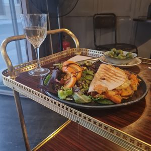 Delicious qursadilla with a lovely white wine. at La Bohême in Cordoba