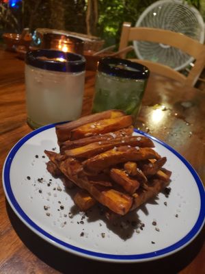 Sweet potato fries. Marg and mojito :) at La Cueva del Chango in Playa Del Carmen