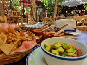 Chips and pico de gallo in front  at La Cueva del Chango in Playa Del Carmen
