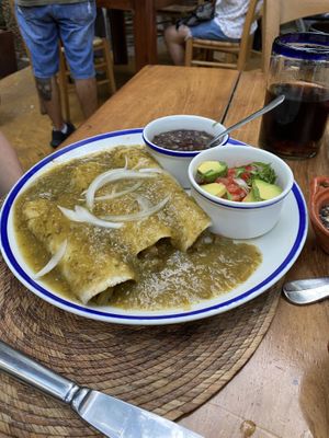 3 nopales enchilada in green sauce  at La Cueva del Chango in Playa Del Carmen