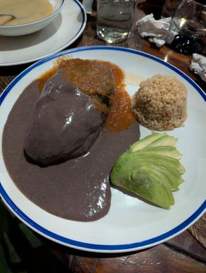 Stuffed poblano pepper, with carrot, pear vegetable, zucchini, 
corn kernels, broccoli, peas and quinoa, served with avocado and brown rice,
with black beans and chipotle sauce. at La Cueva del Chango in Playa Del Carmen